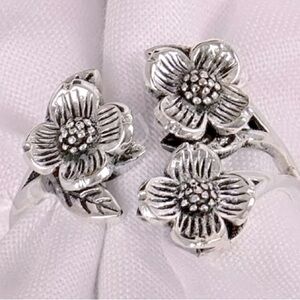 3 Dogwood Flower Wrap Ring, Sterling Silver, Adjustable Fit, Size 5, Floral